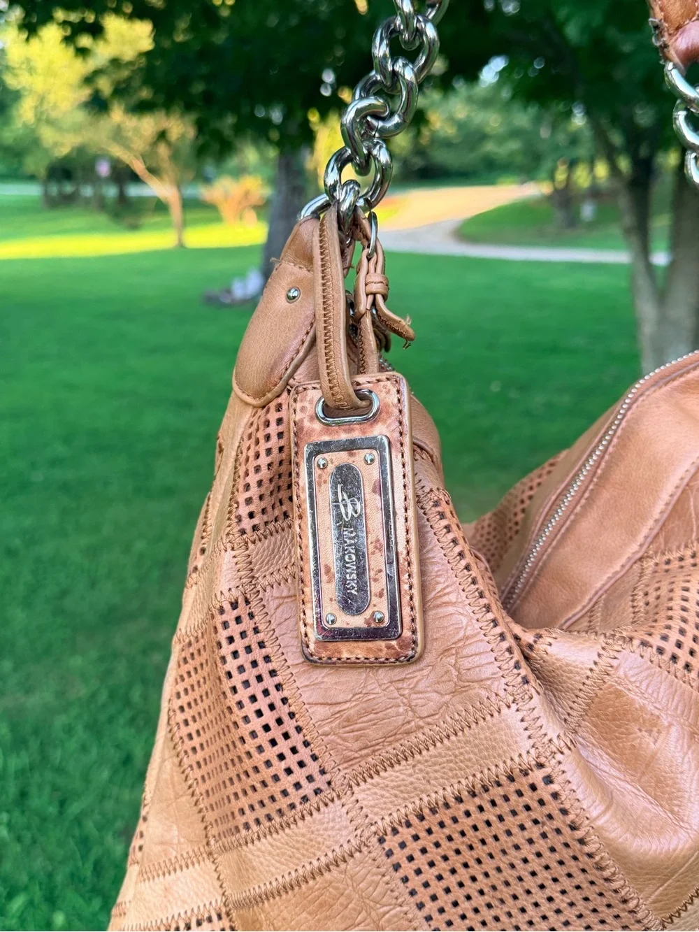 b. makowsky Tan Patchwork Leather Hobo with Chain Accent